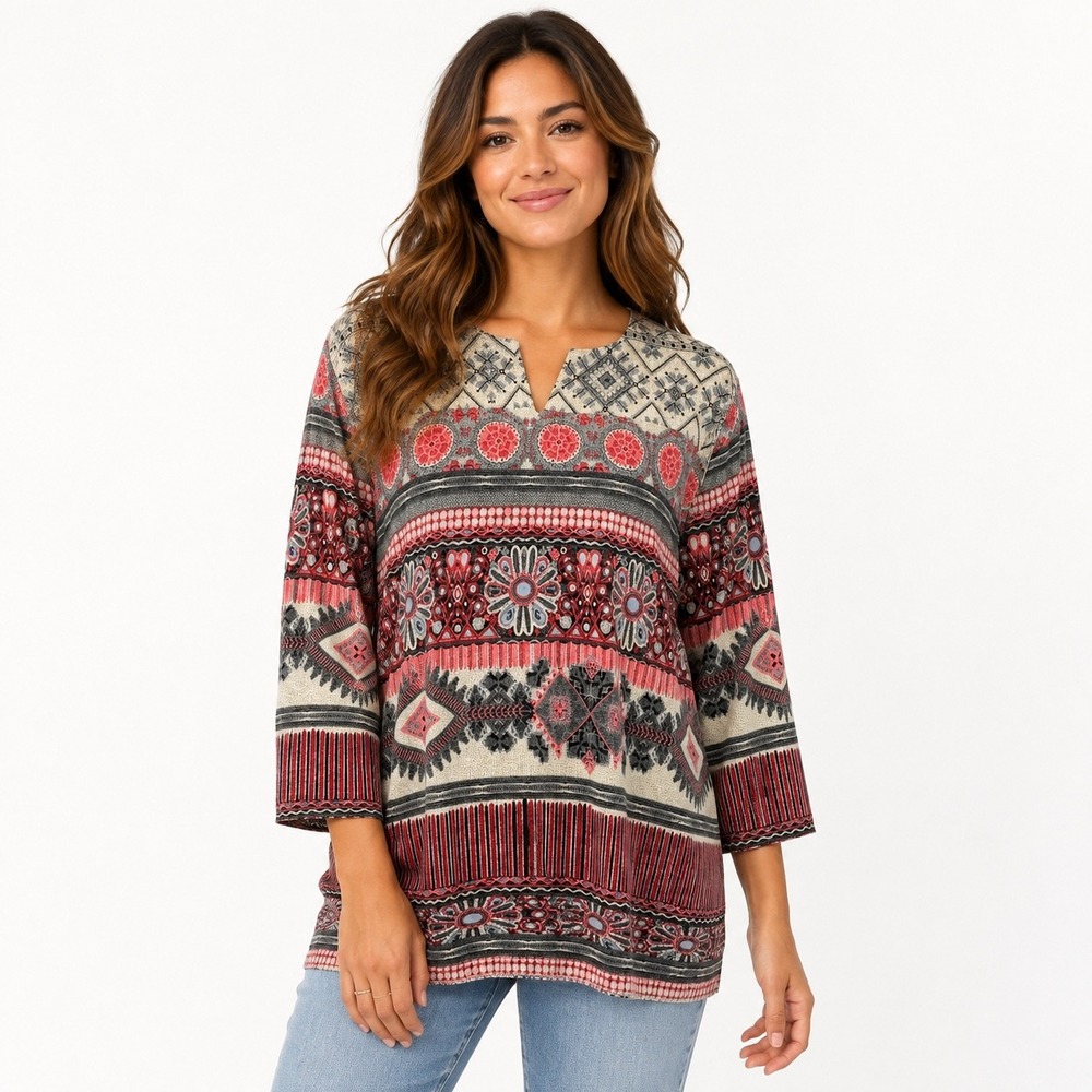 N Touch Tunic Top Large Red Black Geometric Floral Medallion 3/4 Sleeve 411A